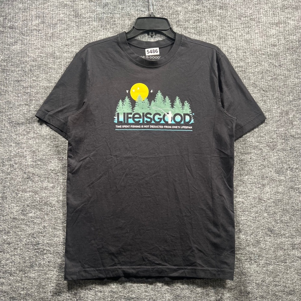 Life is Good Mens Small Black Fishing Graphic T-Shirt Short Sleeve Tee